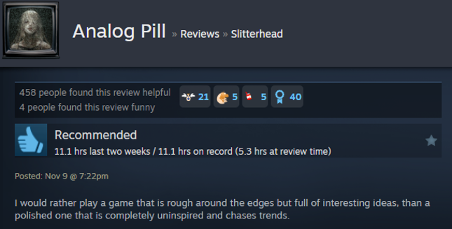 Screenshot showing a Steam user review of Slitterhead.